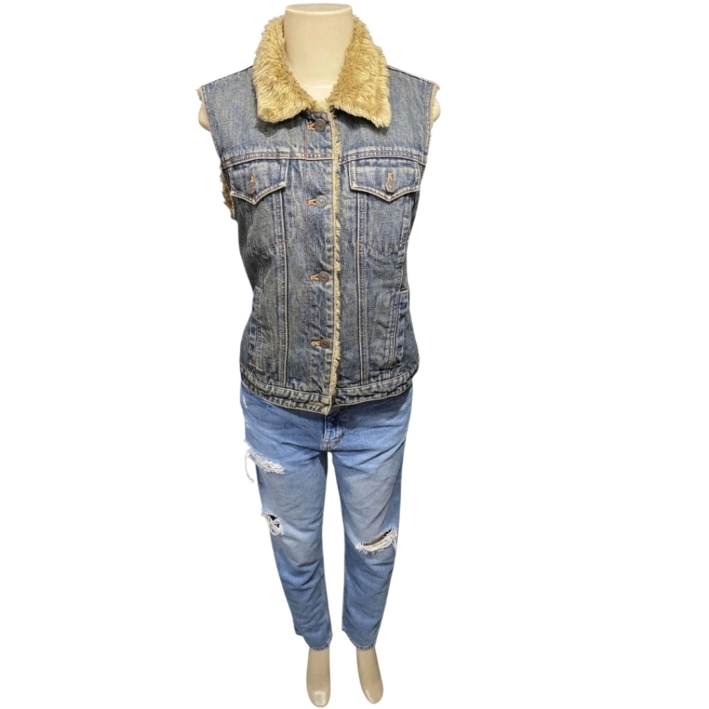Gap Y2K Vintage Vest Women's Denim Faux Fur Lined Blue Jacket sz S
